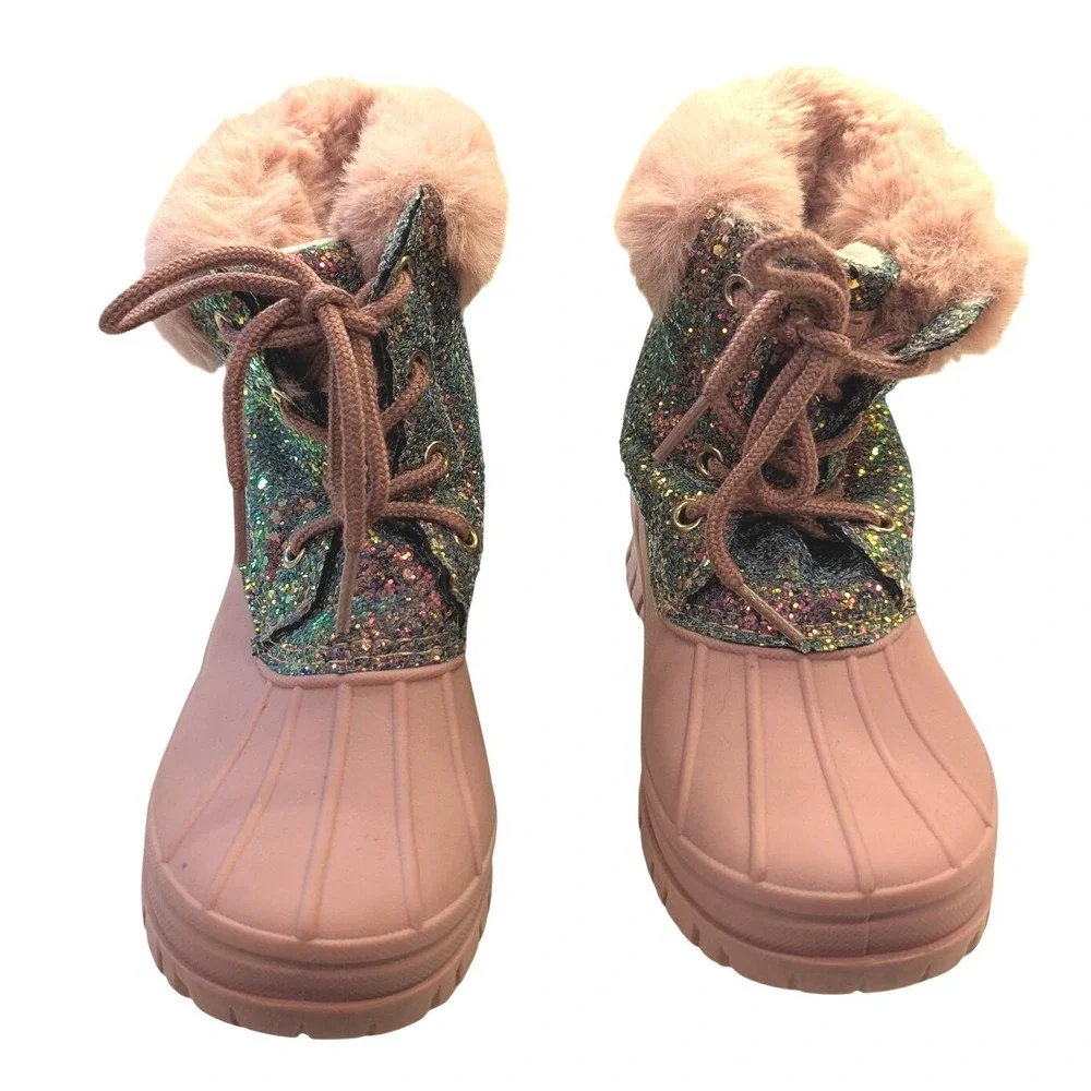 Ocean + Coast Girls Sz 1 Stacey Glitter Boots Faux Fur Duck Pink Winter Sparkle